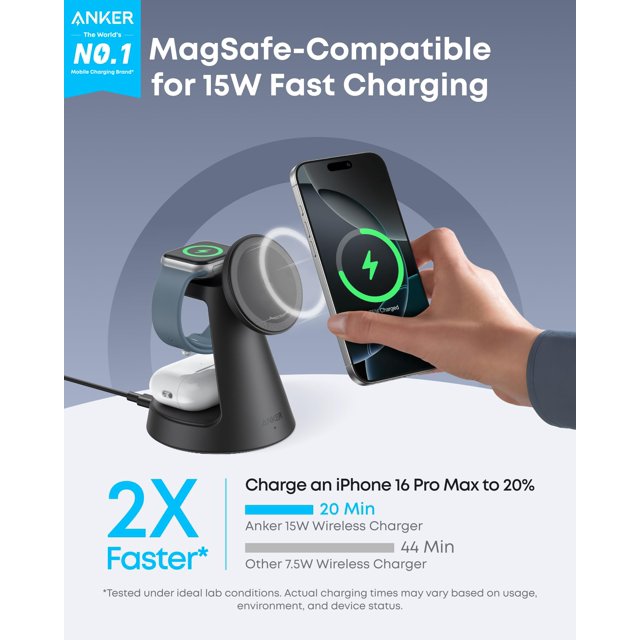Anker MagSafe Charger Compatible, MagGo 3-in-1 Charging Station, Qi2 Certified 15W Magnetic Wireless Charger Dock Stand, For iPhone16/15/14/13/12 Series, Apple Watch,Air