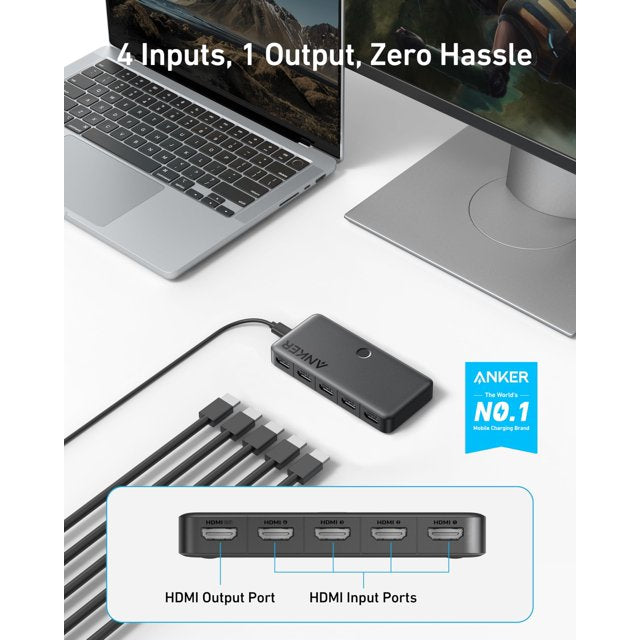 Anker HDMI Switch, 4K@60Hz HDMI Switcher, 4 in 1 Out with Smooth Finish, Supports HDR/3D/Dolby/DTS, Compatible with Laptops,PC,Xbox,PS5/PS4,Projector