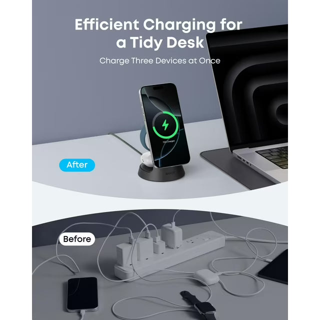 Anker MagSafe Charger Compatible, MagGo 3-in-1 Charging Station, Qi2 Certified 15W Magnetic Wireless Charger Dock Stand, For iPhone16/15/14/13/12 Series, Apple Watch,Air