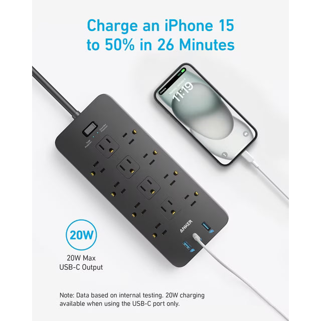 Surge Protector Power Strip (2100J), Anker 12 Outlets with 1 USB C and 2 USB Ports foriPhone 15/15 Plus/15 Pro/15 Pro Max, 5ft Extension Cord, Flat Plug, 20W USB C Charging for Hom