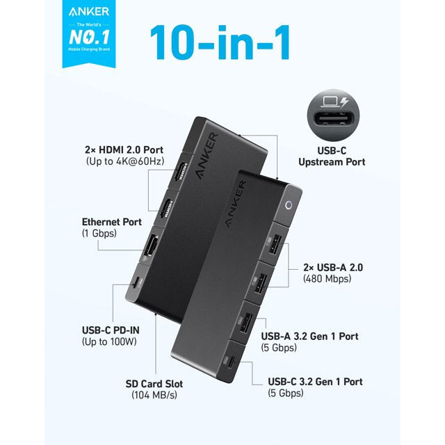 Anker USB C Hub (10-in-1), Dual Monitor with 4K HDMI, Max 100W Power Delivery, Dual 4K HDMI Ports, 4 USB-A/USB-C Data Ports, Ethernet and SD Card Rea