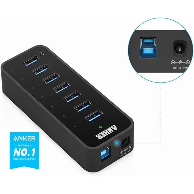 Anker Powered USB Hub for Laptop, 7 Ports USB 3.0 Data Hub, with 36W Power Adapter and BC 1.2 Charging Port for iPhone 7/6s Plus, iPad Air 2, Galaxy