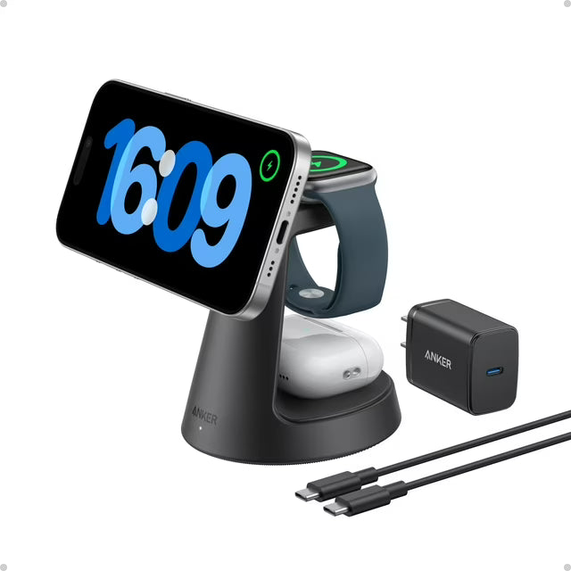 Anker MagSafe Charger Compatible, MagGo 3-in-1 Charging Station, Qi2 Certified 15W Magnetic Wireless Charger Dock Stand, For iPhone16/15/14/13/12 Series, Apple Watch,Air