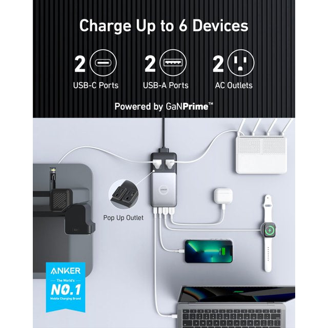 Anker 727 Charging Station (GaNPrime 100W), Compact Power Strip for Travel, Work, 5 ft Detachable Extension Cord with 2 Outlets and 4 USB Ports, for iPhone 14, Samsung,