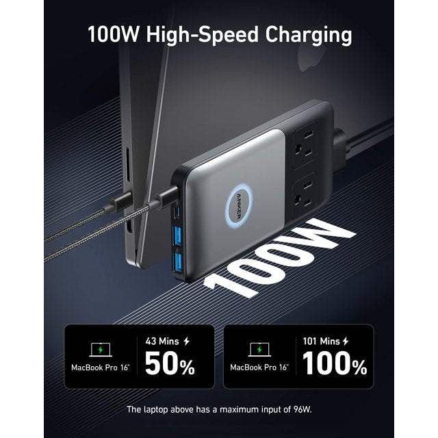 Anker 727 Charging Station (GaNPrime 100W), Compact Power Strip for Travel, Work, 5 ft Detachable Extension Cord with 2 Outlets and 4 USB Ports, for iPhone 14, Samsung,