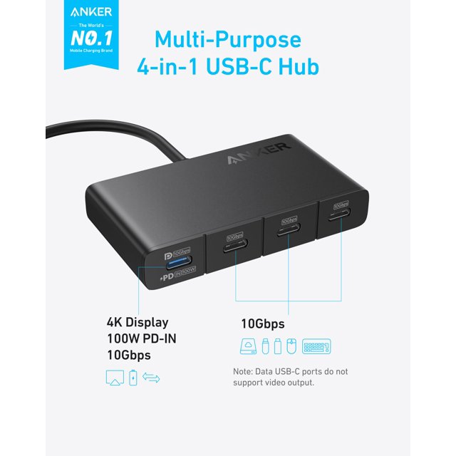Anker USB-C Hub, Fast 10Gbps USB 3.2 Display Hub, USB-C to 4-Port Hub with 100W Max PD-in for MacBook Pro, iPad, iPhone 15, Surface Pro, Dell and More