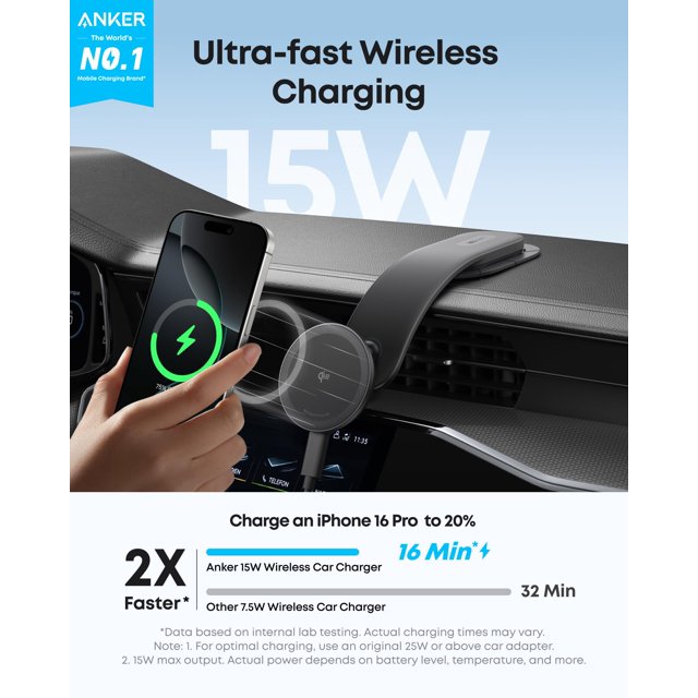 Anker Nano Magnetic Wireless Car Charger, 360&deg; Adjustable Mount Car Charger with Detachable Pad, 15W Qi2 Certified with Alloy Bracket, Fast Charg