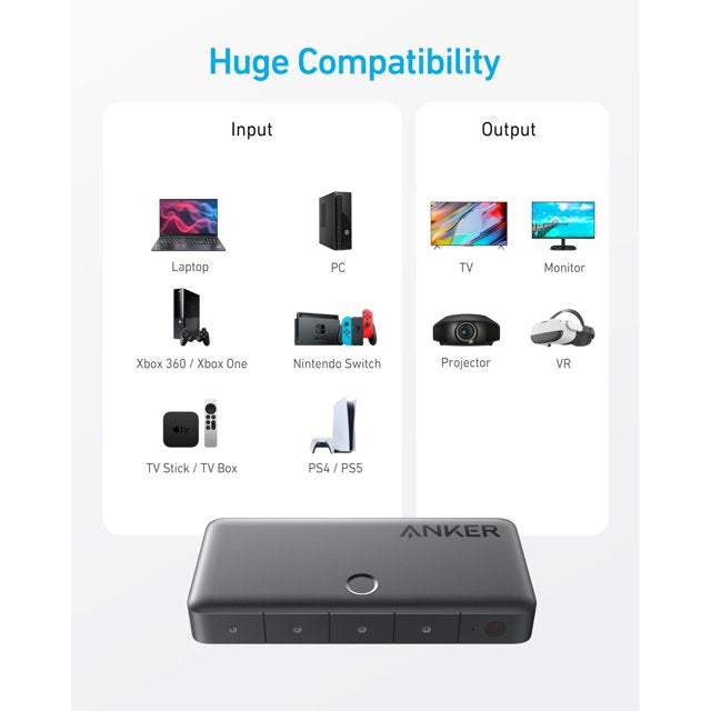 Anker HDMI Switch, 4K@60Hz HDMI Switcher, 4 in 1 Out with Smooth Finish, Supports HDR/3D/Dolby/DTS, Compatible with Laptops,PC,Xbox,PS5/PS4,Projector
